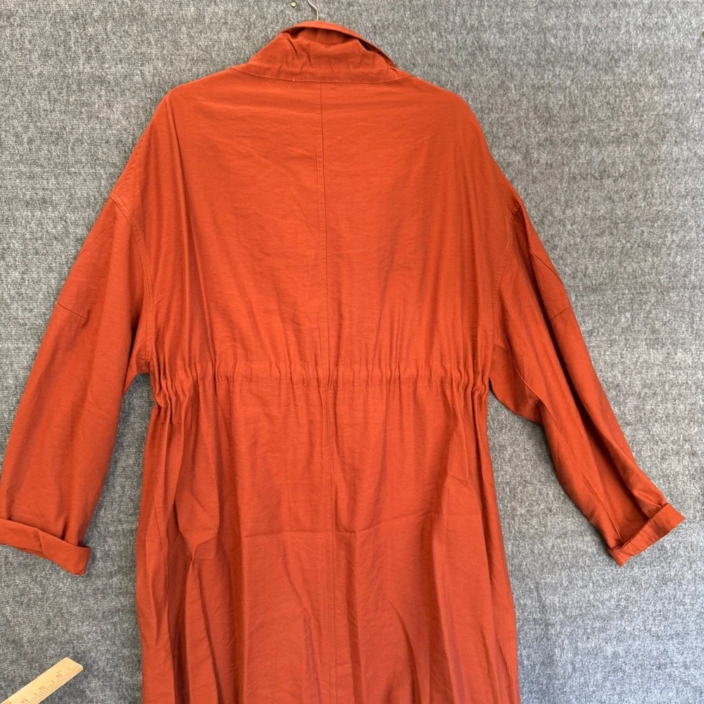 Womens Large Rust Orange Utility Coat Trench LONG Drawstring Long Rayon BBY1002 - Picture 6 of 16